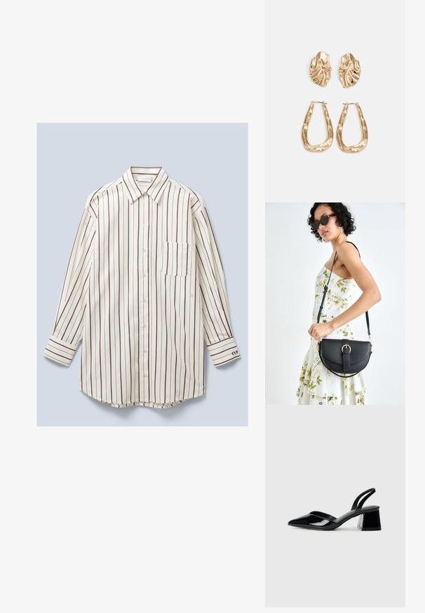 Camicia a maniche lunghe, con bottoni, realizzata in tessuto leggero, caratterizzata da strisce verticali bianche e marroni, una tasca sul petto e polsini con bottoni.; Décolleté in vernice nera con punta affusolata e tacco in geometria cubica. Presentano un design elegante e minimalista, con una texture liscia.; Borsa a tracolla nera in pelle con una forma curva, manico rimovibile e accessori dorati. La borsa presenta una patta con un dettaglio a fibbia.; Orecchini in tono oro caratterizzati da forme ondulate eTexture. Comprendono chiusure clip-on scultoree e un design a cerchio aperto con finitura martellata.