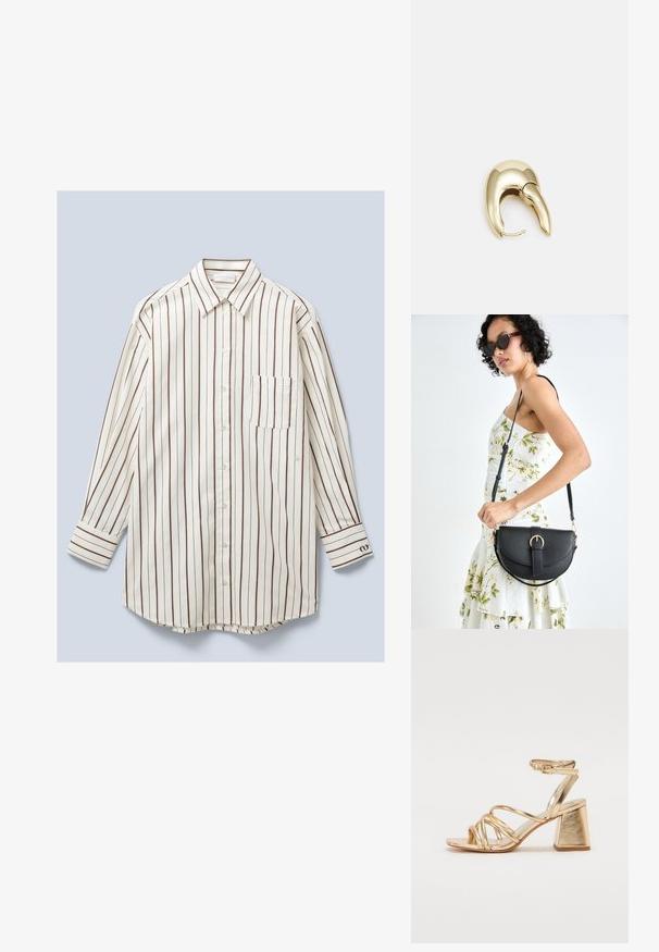 Langermet skjorte med knapper laget av lett stoff, med vertikale hvite og brune striper, en brystlomme og knappedempede mansjetter.; Gyldne metalliske hæle-sandaler med en strappy design, kvadratisk blokhælhæl og justerbar ankelrem med spænde. Glat tekstur.; Svart lærveske med en buet form, avtagbar stropp og gullbeslag. Vesken har et klaff med spenne-detall.; Gullfarget metalløredobber med et elegant, buet design. Har en karakteristisk spiss form, polert overflate og hengsel-lukking.