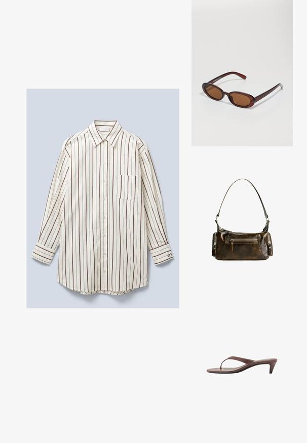 Langærmet skjorte med knapper lavet af letvægtsstof, der har lodrette hvide og brune striber, en brystlomme og knapmanchetter.; Brune hælflip-flop sandal med en slank rem og rund tåpost, der har et lille guldaccent på fodsengen.; Runde, bruntonede solbriller med en glansfuld bordeauxramme. Slanke arme med diskret brandingdetalje. Flad linsedesign.; Brun læder håndtaske med en buet form, sølv hardware og to lynlåslommer på forsiden. Justerbar skulderrem inkluderet.