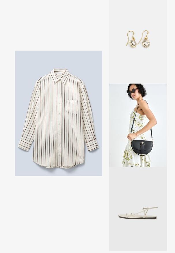 Pikkade varrukatega, nööbitav särk, mis on valmistatud kerge kangaga, millel on vertikaalsed valged ja pruunid triibud, rinnanööp, ja nööbitavad mansetid.; Bežid lame sandaal, millel on mitu peenikest rihma ja reguleeritav pandla. Tallal on lame pind, mille ääres on kerge tumedam kontrast.; Mustmust mustraha kõverate joontega, eemaldatava rihmaga ja kuldsete detailidega. Kotil on klapp, millel on pandladetail.; Kuldtooni kõrvarõngad ovalikujuliste selgete kristallidega, mille ümber on väiksemad selged kivid, ja kaarvormiga disain, et tagada kindel kandmine.