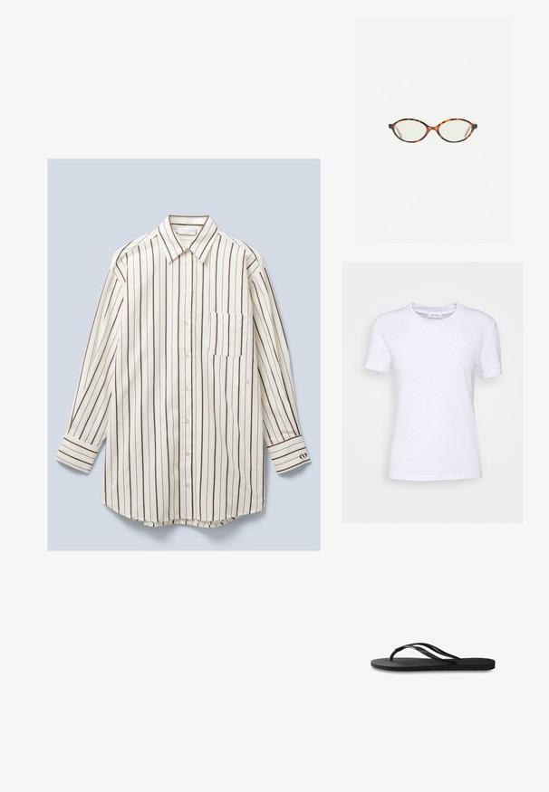 Langsleeve, button-up shirt van lichtgewicht stof, met verticale witte en bruine strepen, een borstzak en knoopsluiting bij de mouwen.; Witte katoenen T-shirt met een ronde hals, korte mouwen en een licht gestructureerd oppervlak. Geen zichtbare patronen of hardware.; Zwarte flip-flop met een gestructureerde rubberen zool, twee slanke banden en een subtiele, ingedrukte logo-detail op de band.; Kattenoogbril met ovale lenzen en een strakke, gladde afwerking. Heeft dunne zijkanten met een subtiele kromming bij de slapen. Transparante lenzen.