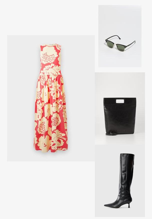 Ärmelloses Maxikleid mit figurbetontem Oberteil und gerafftem Rock, versehen mit einem großen cremefarbenen Blumenmuster auf leuchtend korallfarbenem Hintergrund.; Schwarze Lederstiefel bis zum Knie mit spitzem Zehenbereich und schmalem, geschwungenem Absatz. Glatte Textur, enganliegendes Design und keine sichtbaren Beschläge oder Muster.; Schwarz-goldene Sonnenbrille mit grünen Gläsern, katzenaugenförmig, mit metallischen Akzenten und einem strukturierten Rahmen.; Schwarze Leder-Tote-Tasche mit einem quadratischen Griff, ausgestattet mit einer strukturierten Oberfläche und geprägtem Logo. Inklusive abnehmbarem Tragegurt.