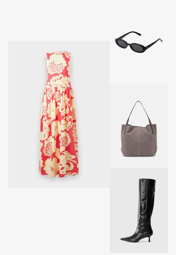 Bezrokas maksi kleita ar pieguļošu korseti un savāktu svārku, uz tā ir liels krēmkrāsas ziedu raksts uz spilgti korāla fona.; Melnas ādas ceļgala augstuma zābaki ar norādītu purngalu un plānu izliekumu papēdi. Gluda tekstūra, pieguļošs dizains un bez redzamām detaļām vai rakstiem.; Melnu pārspīlēto saulesbrilles ar ovālām lēcām, gludu plastmasas rāmja un zelta akcentiem uz tempļiem. Tumšie lēcas nodrošina saules aizsardzību.; Pelēks zamšādas rokassoma ar diviem tumšiem ādas rokturiem. Iespējas ietver šuvējas detaļas sānos, mīkstu tekstūru un plašu atvēršanu.