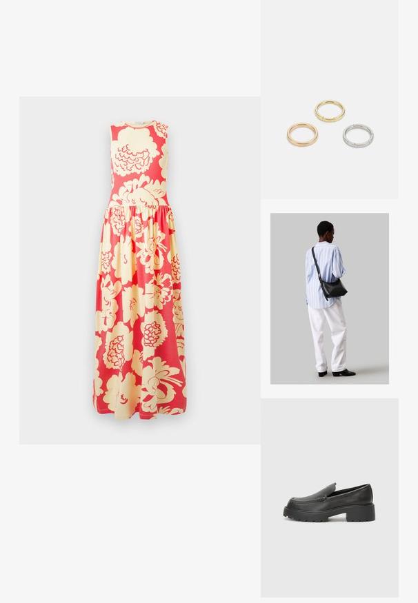 Maxi šaty bez rukávov s priliehavým korzetom a nariasenou sukňou, s veľkým krémovým kvetinovým vzorom na jasne koralovom pozadí.; Čierne kožené mokasíny s okrúhlou špičkou, hrubou textúrovanou podrážkou a minimom stehovej výzdoby. Štíhly dizajn bez viditeľných šnúr alebo kovania.; Čierna kožená ramenná taška so mäkkou textúrou, trojuholníkovým tvarom a nastaviteľným popruhom, skombinovaná s svetlomodrou pruhovanou košeľou a bielymi nohavicami.; Triumf kovových prsteňov: jeden v ružovom zlate, jeden zlatý s textúrovanými akcentmi a jeden strieborný, všetky s gravírovaným logom na vnútornej strane.