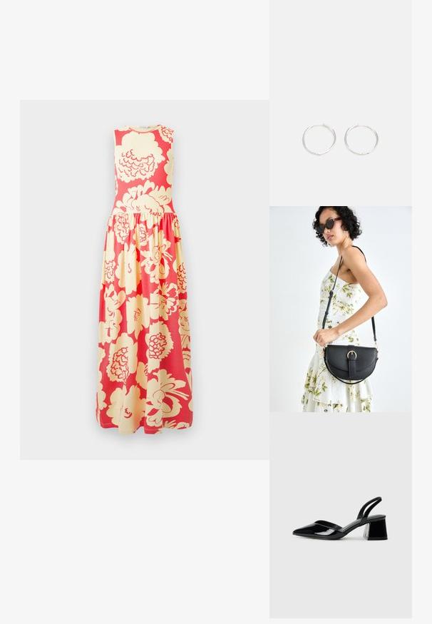 Varrukateta maksikleit, millel on keha järgiv bodi ja kogutud seelik, suur kreemikas lillemuster erkroosa taustal.; Mustad musta lakknahk kingad, millel on terav varvas ja geomeetriline plokkkonts. Omab elegantselt minimalistlikku disaini ja sujuvat tekstuuri.; Mustmust mustraha kõverate joontega, eemaldatava rihmaga ja kuldsete detailidega. Kotil on klapp, millel on pandladetail.; Hõbedased rõngaskõrvarõngad, millel on sujuv ja ümar disain, millel on sile pind ja nähtavad kaunistused puuduvad. Diameeter ei ole täpsustatud.