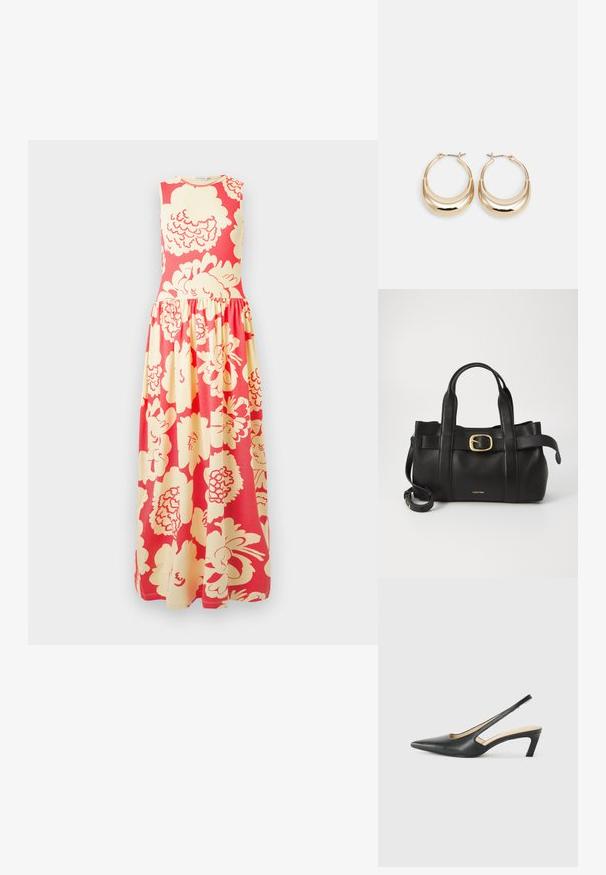 Bezrokas maksi kleita ar pieguļošu korseti un savāktu svārku, uz tā ir liels krēmkrāsas ziedu raksts uz spilgti korāla fona.; Melna, ar smailu purngalu, slingback kurpe ar zemu papēdi, izgatavota no gludas ādas materiāla un ar izgriezumiem sānos gaisa caurlaidībai.; Melnas ādas rokassoma ar strukturētu dizainu, divām augšējām rokturām, zelta toņa sprādzes akcentu un iegravētu zīmola logo priekšpusē.; Zelta tonis apļveida auskari ar pusmēness formu, pulētu virsmu un lūka aizdari. Gluda tekstūra un spīdīga apdare uzlabo redzamību.