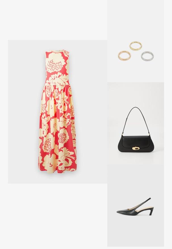 Bezrokas maksi kleita ar pieguļošu korseti un savāktu svārku, uz tā ir liels krēmkrāsas ziedu raksts uz spilgti korāla fona.; Melna, ar smailu purngalu, slingback kurpe ar zemu papēdi, izgatavota no gludas ādas materiāla un ar izgriezumiem sānos gaisa caurlaidībai.; Melna ādas rokassoma ar izliekta dizaina elementiem, zelta krāsas detaļām un augšējo rokturi. Iezīmējas ar elegantu aizdari un gludu faktūru.; Trīs metāla gredzeni: viens rozā zeltā, viens zeltā ar teksturētiem akcentiem un viens sudraba, visiem ar iegravētām zīmola atzīmēm iekšējā joslā.