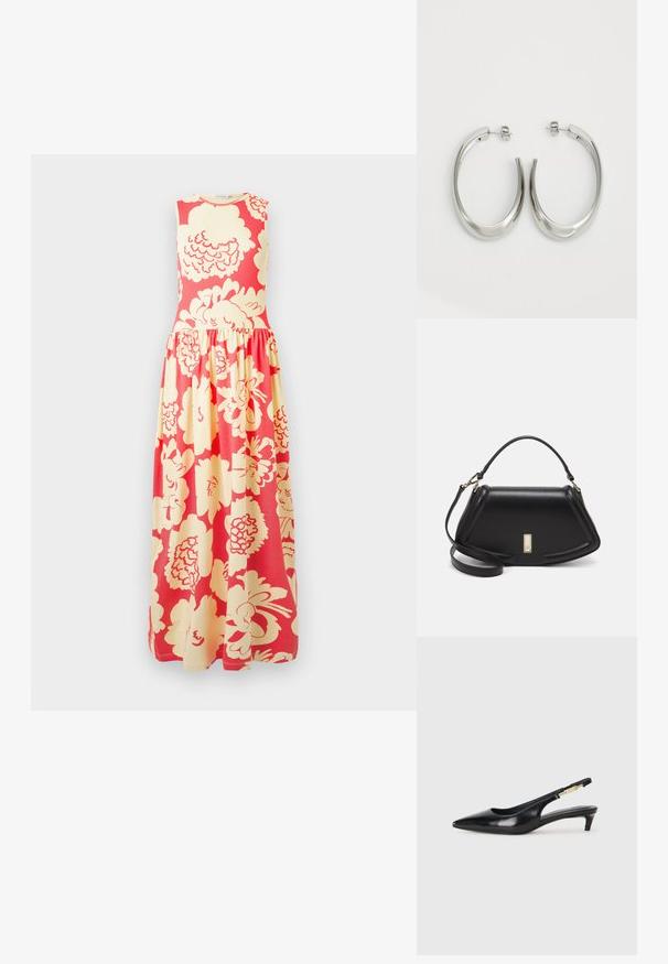 Be rankovių maxi suknelė su prigludusia viršutine dalimi ir susluoksniuota sijono dalimi, puošta dideliu kreminio spalvos gėlių raštu ant ryškios koralinės spalvos fono.; Juodas odinis pavasario batelių modelis su smailiu nosiu, turintis siaurą kulniuką ir auksinės spalvos akcentu reguliuojamoje juostoje. Lygi tekstūra.; Juoda odinė rankinė su struktūrizuotu dizainu, turi trumpą formą, viršutinę rankeną ir auksinius akcentus. Pridėtas reguliuojamas peties diržas.; Sidabriniai apvalūs auskarai su lygiu, išlenktu dizainu. Yra blizgus metalinis paviršius ir smeigtukų uždarymas. Nėra matomų raštų ar akcentų.