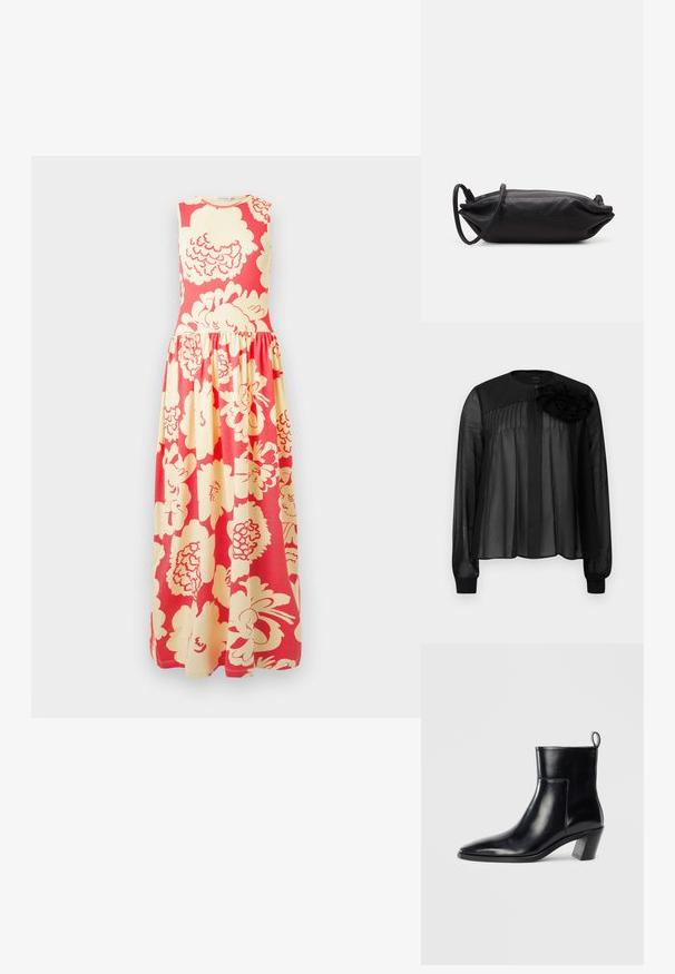 Ärmelloses Maxikleid mit figurbetontem Oberteil und gerafftem Rock, versehen mit einem großen cremefarbenen Blumenmuster auf leuchtend korallfarbenem Hintergrund.; Schwarze Bluse mit langen transparenten Ärmeln, die vordere Falten und ein mehrlagiges Stoffblütenakzent an der linken Schulter aufweist. Knopfverschluss am Hals.; Schwarze Leder-Ankleboots mit spitzem Zeh, geometrischem Blockabsatz und einem Zugband hinten. Glatte Textur und elegantes Design.; Schwarze Leder-Clutch mit rechteckiger Form, glatter Textur, dünnem Schulterriemen und minimalistischer Gestaltung.