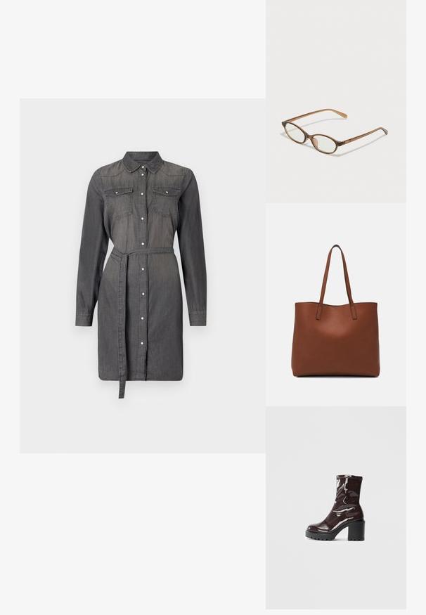 Rochie din denim gri închis, cu mâneci lungi, guler și închidere cu nasturi pe față, două buzunare pe piept și o curea asortată la talie. Textură netedă.; Botine lucioase burgundy, cu toc gros negru, având o textură netedă și un design simplu. Fără închideri sau modele vizibile.; Ochelari în nuanță de țestoasă maro, cu lentile ovale, brațe subțiri și accente transparente. Prezintă un logo subtil pe tâmplă. Design elegant și ușor.; Geantă de umăr din piele maro cu o textură netedă, design cu vârf deschis și două curele pentru umăr. Prezintă cusături minime și fără componente metalice vizibile.