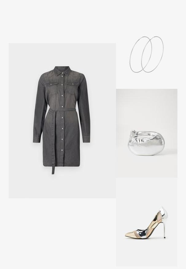 Tumši pelēka džinsu kleita ar garām piedurknēm, pogu priekšpusi, divām krūšu kabatām un atbilstošu jostu jostasvietā. Gluda tekstūra.; Apspīlēta augstpapēžu kurpe ar zeltītu, sudrabi un neitrālu krāsu kombināciju. Spīguļojoša virsma ar izgriezuma dizainu, aprīkota ar stiletto papēdi.; Sudraba metāliska poga somiņa ar mīkstu, noapaļotu formu un mezgla augšējo aizdari. Izgatavota no gludas mākslīgās ādas materiāla.; Sudraba gredzenveida auskari ar minimālistisku dizainu. Cirkulāra forma, gluda tekstūra un plāns profils. Vieglu svaru ar spīdīgu apdari.