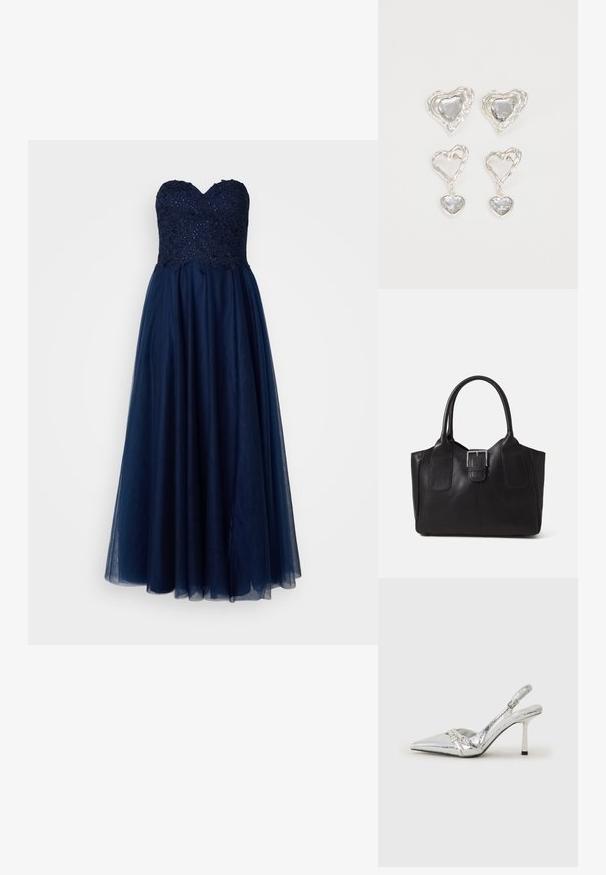 Abito da sera senza spalline in tessuto blu navy, con un bustier in pizzo decorato con paillettes e una gonna in tulle fluente.; Scarpe con tacco alto slingback argento con punta affusolata, finitura metallica, due cinturini decorativi e un tacco sottile con punta nera.; Borsa tote in pelle nera con texture liscia, forma strutturata, due manici e un evidente dettaglio in fibbia argentata sul davanti.; Orecchini a forma di cuore in argento con pietre trasparenti sfaccettate, accompagnati da una cornice texturizzata. Il set include stili a bottone e a goccia.