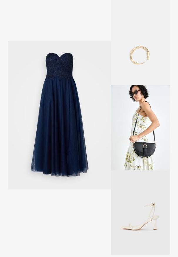 Vestido de noche sin tirantes con tela de color azul marino, cuerpo de encaje adornado con lentejuelas y falda de tul fluida.; Sandalia blanca de tacón con un diseño de tiras delgadas, punta cuadrada y tacón afilado. Fabricada con un material suave y una estética minimalista.; Bolso de piel negra con forma curva, correa desmontable y herrajes dorados. El bolso cuenta con una solapa con un detalle de hebilla.; Anillo en tono dorado con un diseño orgánico y retorcido, con una textura suave y extremos cónicos, creando una apariencia moderna y escultórica.