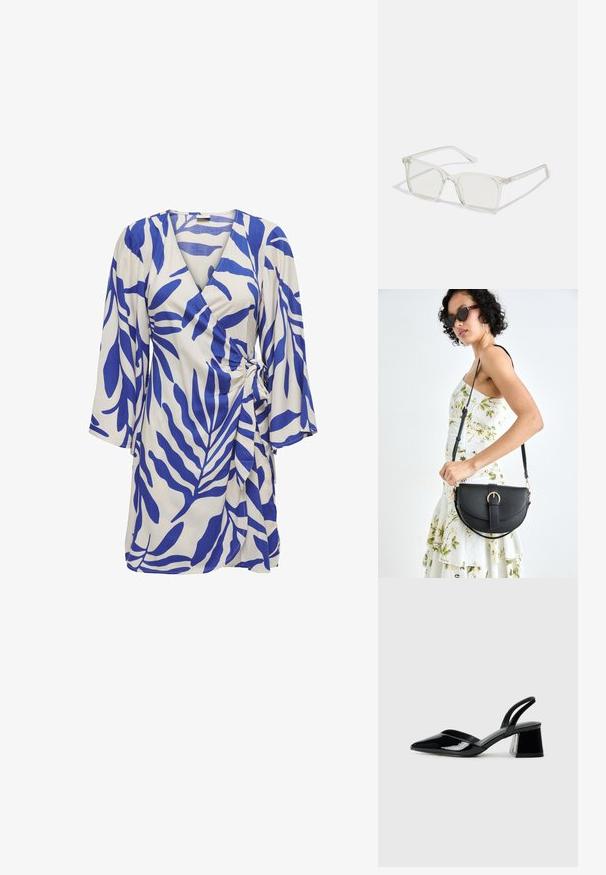 Vestido envolvente azul e branco, com padrões de folhas, decote em V, mangas três quartos, detalhe de laço lateral e silhueta fluida.; Sandy em verniz preto com salto slingback, ponta afilada e salto geométrico. Apresenta um design elegante e minimalista com textura suave.; Óculos quadrados de plástico transparente com lentes translúcidas, apresentando detalhes em dourado nas hastes.; Bolsa de couro preta com forma curva, alça destacável e detalhes em dourado. A bolsa possui uma aba com detalhe de fivela.
