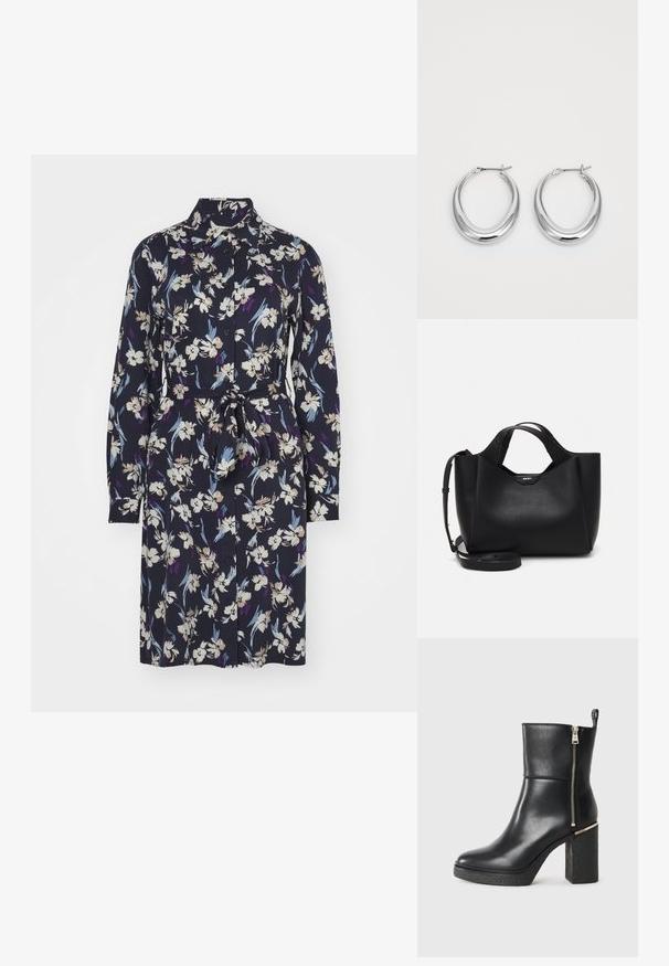 Blomsterkjole med lange ermer, krage og belted midje. Har en marineblå bakgrunn med hvite, lilla og blå blomsterdesign.; Sorte ankelstøvler laget av glatt skinn, med glidelås på siden og en teksturert blokkhelt. Slip-on design med rund tå.; Svart skinnhåndveske med teksturert finish, vinklet form, doble håndtak og justerbar skulderrem. Har et DKNY-logo som detaljer.; Et par polerte sølv halvmåne hoop øredobber med hengselspenner på hvit bakgrunn.