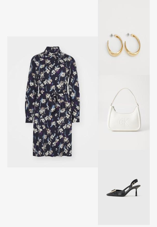 Kwiatowa sukienka z długimi rękawami, kołnierzykiem i pasek w talii. Ma granatowe tło z białymi, fioletowymi i niebieskimi wzorami kwiatowymi.; Czarna skórzana mokasynka z odkrytym piętą, spiczastym noskiem, smukłym obcasem i akcentem w kolorze złotym na cholewce. Gładka faktura i zorganizowany design.; Biała skórzana torebka o zaokrąglonym kształcie, z wytłoczonym logo "CK" z przodu i pojedynczym paskiem na ramię. Zapięcie na zamek z góry.; Złote kolczyki w kształcie obręczy o gładkim, zakrzywionym designie. Wykonane z metalu, z eleganckim wykończeniem i zapięciem na sztyft.