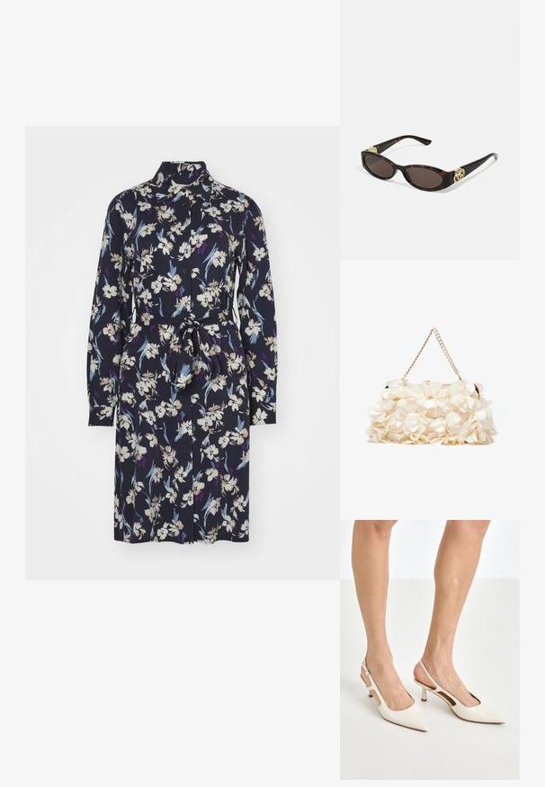 Abito floreale con maniche lunghe, colletto e vita cinturata. Presenta uno sfondo blu navy con motivi floreali bianchi, viola e blu.; Tacchi slingback in pelle lucida beige con punta affusolata e tacco di 5 cm, caratterizzati da lati traforati e una sottile fascia alla caviglia.; Occhiali da sole tartarugati con lenti ovali allungate, tonalità marrone, accenti dorati con logo sulle tempie e aste nere eleganti.; Borsa a mano floreale bianca con superficie in tessuto arricciato, tracolla in catena dorata e chiusura in metallo. Presenta petali testurizzati per un tocco di dettaglio in più.