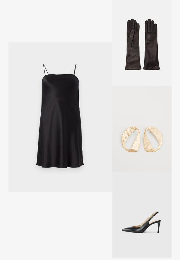 Svart satäng camisklänning med tunna axelremmar, en slät textur, figurnära överdel och en utsvängd kjol som slutar ovanför knäet.; Svarta läder slingback-högklackade skor med spetsig tå, justerbar rem och en smal stilettklack, med en slät finish.; Weekend Max Mara SENAPE - Fingervantar - nero; Ett par oregelbundna ovalformade örhängen i guldtonad metall med en strukturerad, något hamrad yta på en vit bakgrund.
