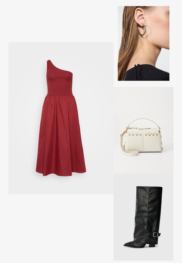 Aszimmetrikus, egy vállra ejtett ruha gazdag vörös színben, testhezálló felsőrész, bővülő, közép-hosszúságú szoknya, sima anyag finom textúrával.; Fekete bőr bokáig érő csizmák hegyes orral, sima felülettel és ezüst csattal az oldalon. Tömbös négyzet alakú sarok.; Fehér műbőr kézi táska, felső cipzárral, rövid fogantyúval és levehető keresztpántos vállpánttal, arany színű fémrészletekkel. Oldalsó fűzés részlet.; Ez egy ezüst fülbevaló, sima felülettel, amelyen apró arany díszítőelemek találhatók. Kerek formájú és a fülcimpán viselik.