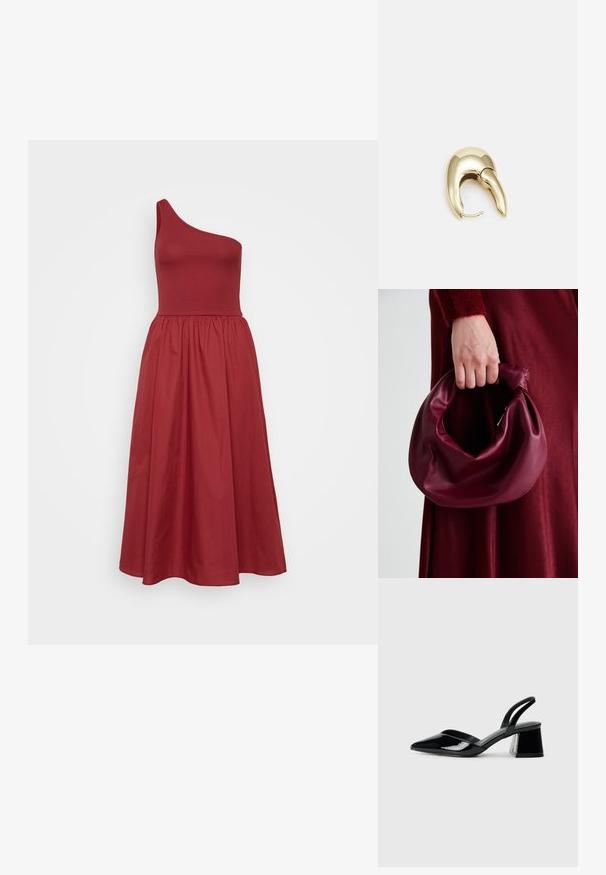 Asymmetrisk kjole med én skulder i rik rød, tettsittende liv, vid midilengde skjørt, glatt stoff med subtil tekstur.; Svarte patentlær slingback hæler med spiss tå og geometrisk blokk hæl. Har et stilrent, minimalistisk design og jevn tekstur.; Bordeaux lærhåndveske med et mykt, samlet design og avrundet form. Håndtaket er festet, og viser en glatt tekstur.; Gullfarget metalløredobber med et elegant, buet design. Har en karakteristisk spiss form, polert overflate og hengsel-lukking.