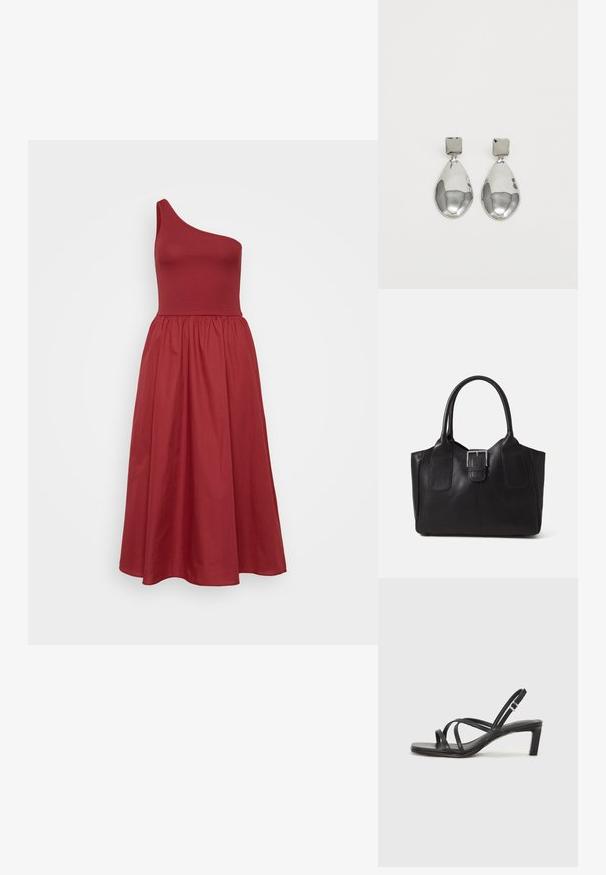 Vestido asimétrico de un solo hombro en un rojo intenso, con un cuerpo ajustado y una falda acampanada de longitud media, fabricado en un tejido suave con una textura sutil.; Sandalia negra de tiras con punta cuadrada y tacón bajo de bloque. Presenta múltiples tiras delgadas y una correa ajustable en el tobillo. Fabricada en cuero suave.; Bolso tote de cuero negro con textura suave, forma estructurada, dos asas y un prominente detalle de hebilla plateada en la parte frontal.; Pendientes de gota de plata con un arete cuadrado, presentando un acabado suave y pulido en forma de lágrima, que refleja la luz con una superficie brillante.