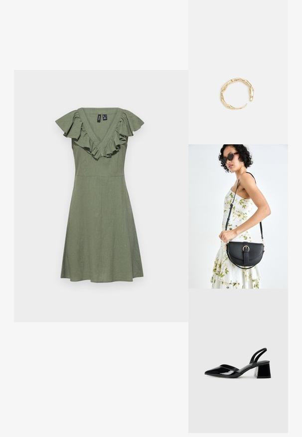 Zelené krátke šaty s výstrihom do V a volánovými rukávmi, vyrobené z ľahkej látky. A-línie, po kolená, s hladkou textúrou.; Čierne lakované kožené sandálové podpätky s špicatou špičkou a geometrickým blokovým podpätkom. Disponujú elegantným, minimalistickým dizajnom a hladkým povrchom.; Čierna kožená kabelka s zaobleným tvarom, odnímateľným popruhom a zlatými doplnkami. Kabelka má klopu s detailom s prackou.; Prsteň v zlatej farbe s organickým, skrúteným dizajnom, hladkým povrchom a zužujúcimi sa koncami, vytvárajúci moderný, sochársky vzhľad.