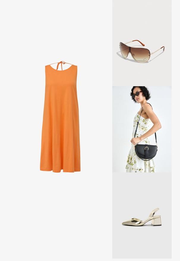 Oranje mouwloze jurk met een ronde halslijn en strikdetail aan de achterkant. Gemaakt van zachte stof, heeft het een losse, vloeiende silhouet en een knielange zoom.; Gouden, metalen slingback hakken met een spitse neus en een chunky hak. Glad oppervlak, minimalistisch ontwerp en een smalle band.; Zonnebril met een bruine gradientlens, metalen frame en een decoratief sterrenpatroon met rhinestones op de rechteronderlens.; Zwarte leren handtas met een gebogen vorm, afneembare schouderband en gouden hardware. De tas heeft een klep met een gespsluiting.