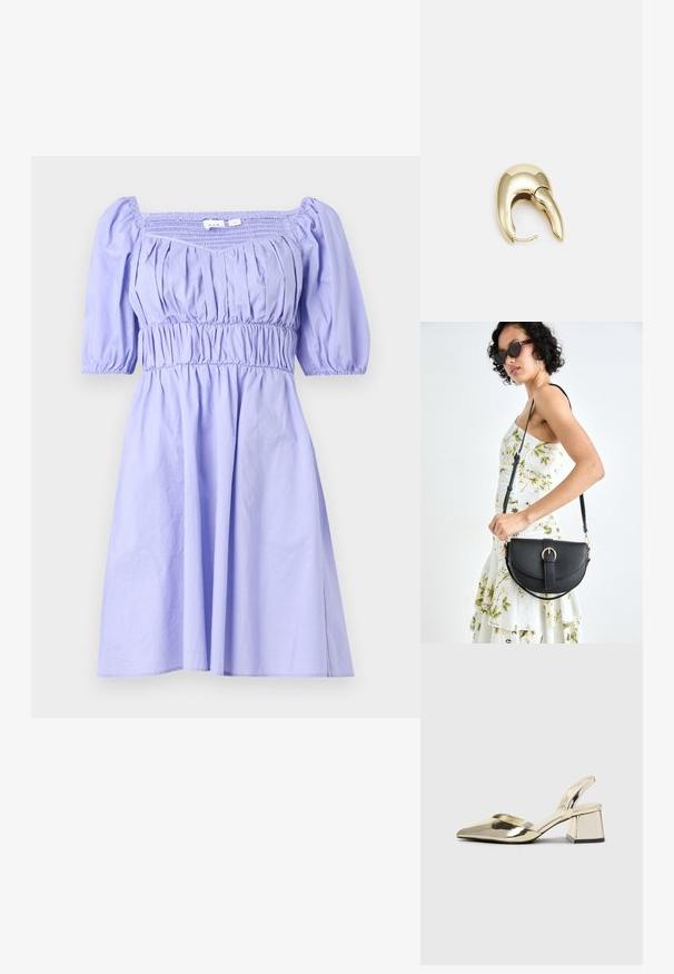 Lilac dress with puffed short sleeves, smocked bodice, and flowing skirt. Made from lightweight fabric, featuring gathered details.; Gold, metallic slingback heels with a pointed toe and chunky heel. Smooth texture, minimalistic design, and a narrow strap.; Black leather handbag with a curved shape, detachable strap, and gold hardware. The bag features a flap with a buckle detail.; Gold-tone metal earring with a sleek, curved design. Features a distinctive pointed shape, polished surface, and hinge closure.