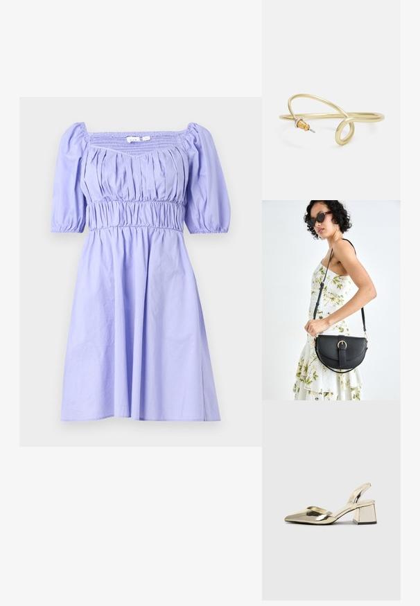 Lilac dress with puffed short sleeves, smocked bodice, and flowing skirt. Made from lightweight fabric, featuring gathered details.; Gold, metallic slingback heels with a pointed toe and chunky heel. Smooth texture, minimalistic design, and a narrow strap.; Black leather handbag with a curved shape, detachable strap, and gold hardware. The bag features a flap with a buckle detail.; Gold-colored metal bracelet with fluid, curvy design. Features a small, prominent, silver-colored accent at one end.