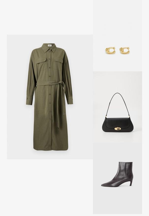 Olivengrøn skjortekjole med krave, lange ærmer, to brystlommer, knaplukning foran og et matchende stofbælte til justering.; Sort læder ankelstøvle med spids tå og lav kittenhæl, glat finish, lynlås i siden, vist på en neutral baggrund.; Sort læderhåndtaske med et buet design, guldfarvet hardware og en øverste håndtag. Har en strømlinet lukning og en glat tekstur.; Guldfarvede metaløreringe med et glat, buet design, der har en markant 'C'-form. Lille størrelse, skinnende finish og lås bag til sikker bæring.
