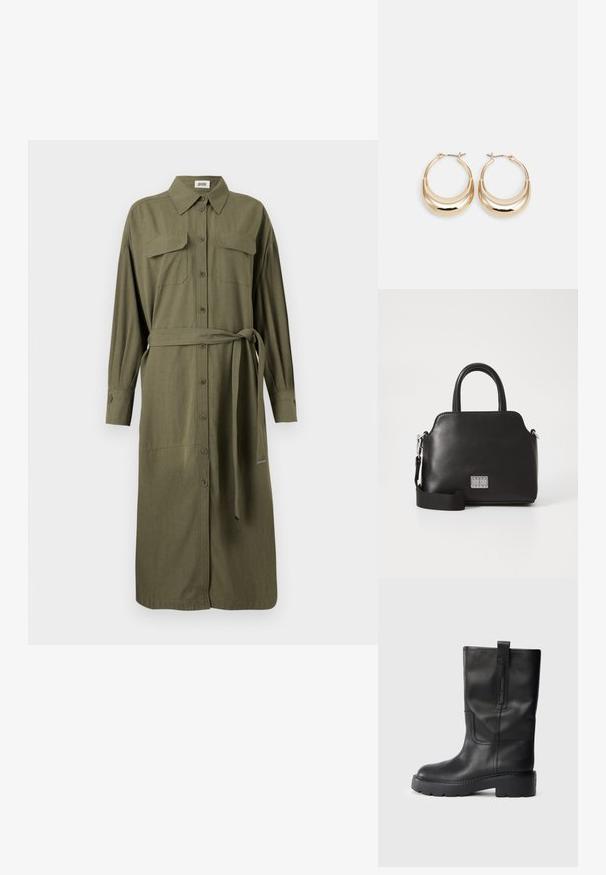 Olivengrøn skjortekjole med krave, lange ærmer, to brystlommer, knaplukning foran og et matchende stofbælte til justering.; Sorte læderstøvler til knæene med et slankt design, der har en kraftig sål og en sidehank til nem påtagning. Bemærkelsesværdige stikninger.; Sort syntetisk håndtaske med toppløftshåndtag, aftagelig skulderrem, rund form, glat tekstur og sølvlogo på forsiden.; Guldtonede hoops øreringe med en halvmåneform, poleret overflade og hængsel-lukning. Den glatte tekstur og den reflekterende finish forbedrer synligheden.