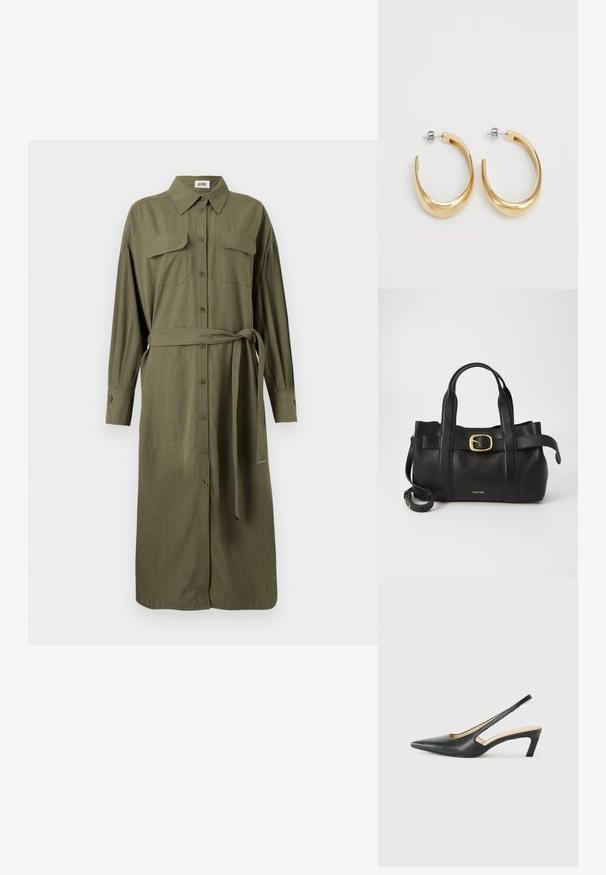 Olivengrøn skjortekjole med krave, lange ærmer, to brystlommer, knaplukning foran og et matchende stofbælte til justering.; Sorte spidse slingback-sko med en lav hæl, lavet af glat læder og med udskæringer på siden for åndbarhed.; Sort læderhåndtaske med et struktureret design, dobbelte toppegreb, guldtonet spændeaccents og præget logo på forsiden.; Guldfarvede hoop øreringe med et glat, buet design. Fremstillet af metal, med en elegant overflade og post-back lukning.