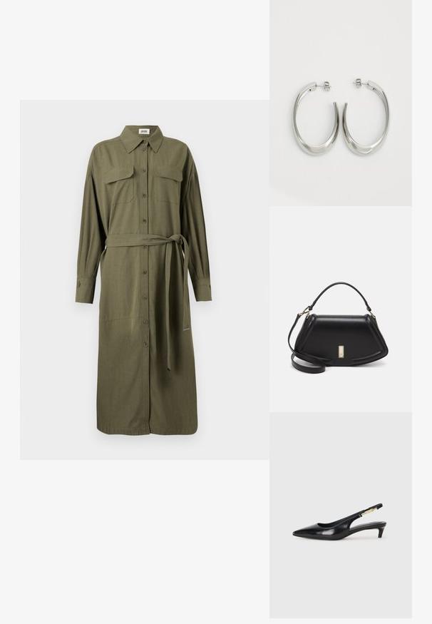 Vestito camicia verde oliva con colletto, maniche lunghe, due tasche sul petto, chiusura con bottoni sul davanti e una cintura coordinata in tessuto per la regolazione.; Tacchi slingback in pelle nera con punta affusolata, caratterizzati da un tacco alto e un accento dorato sulla cinghia regolabile. Texture liscia.; Borsa a mano in pelle nera con un design strutturato, caratterizzata da una forma corta, manico superiore e accessori in metallo dorato. Inclusa tracolla regolabile.; Orecchini a cerchio argentati con un design liscio e curvo. Presentano una finitura metallica lucida e una chiusura a perno. Nessun motivo o accentuazione visibile.