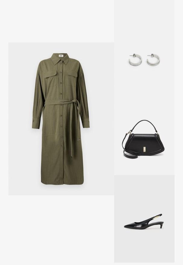 Olīvu zaļš krekla kleita ar apkakli, garām piedurknēm, divām krūšu kabatām, pogu aizdari un atbilstošu auduma jostiņu pielāgošanai.; Melnas ādas slingback zābaki ar smailu purngalu, ar šauru papēdi un zelta krāsas akcentu uz regulējama siksniņas. Gluda tekstūra.; Melnas ādas roku soma ar struktūru, ar īsu formu, augšējo rokturi un zelta aksesuāriem. Iekļauta regulējama plecu siksna.; Sudraba uzacu auskari ar gludu virsmu un sēriju mazu caurspīdīgu akmeņu gar apakšējo malu, ar fiksatoru aizmugurē.