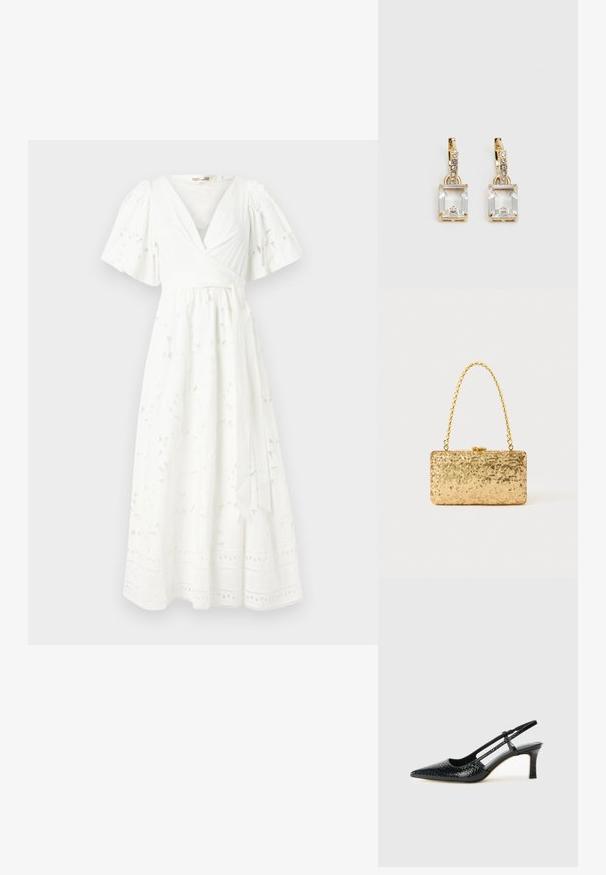 Biała sukienka o długości do kolan z krótkimi bufkowymi rękawami, kwiatowy wzór, teksturowany materiał i koronkowe wykończenie u dołu.; Czarne lakierowane czółenka na obcasie typu slingback z wąskim noskiem, z teksturowanym wzorem wężowym, regulowanym paskiem oraz krótkim, teksturowanym obcasem w kształcie słupka.; Złota kopertówka z cekinami o prostokątnym kształcie, z zakręconym uchwytem w postaci łańcuszka oraz metalowym zapięciem, odbijająca światło o fakturowanym wykończeniu.; Złote kolczyki z prostokątnym, przezroczystym kryształem zwisającym poniżej rzędu małych, okrągłych, przezroczystych akcentów. Elegancki, nowoczesny design.