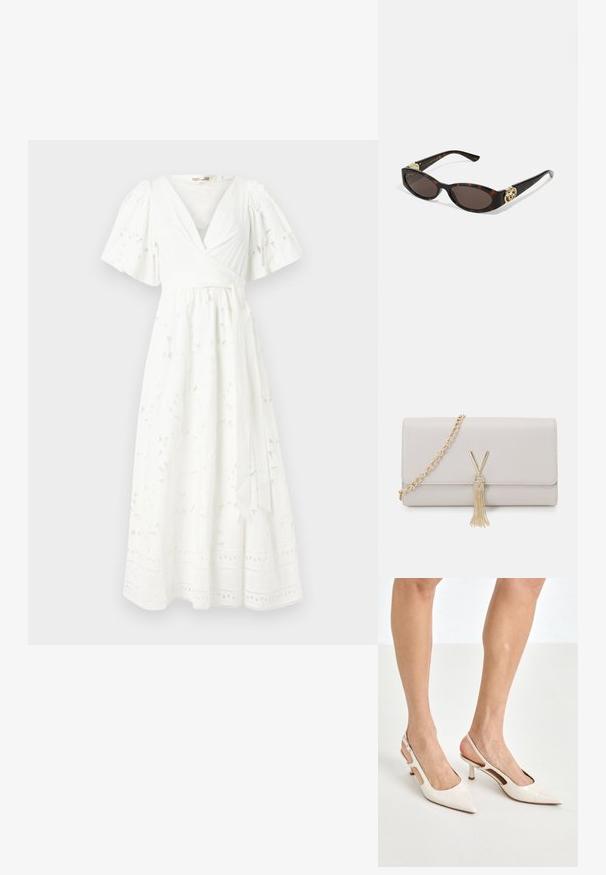 Valkoinen, polvipituinen kietaisumekko, jossa on lyhyet puffihihat, kukkakuvio, teksturoitu kangas ja pitsiyksityiskohtia helmassa.; Beige patenttaja nahkaslingback-korkokengät, joissa on teräväkärkinen muotoilu ja 5 cm:n korko. Kenkäparissa on leikattuja reunoja ja ohut nilkkaremmi.; Silmärilakkiset tortoiseshell-aurinkolasit, joissa on pitkänomaiset ovaalit linssit, ruskea sävy, kultaiset logo-koristeet temppeleissä ja sulavalinjaiset mustat varret.; Vaaleanharmaa teko-nahkainen käsilaukku, jossa on kultaketjuolkaimet, V-muotoinen solki ja tupsuosa. Sileä rakenne, suorakulmainen muoto.