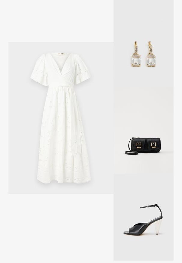 Bílé, ke kolenům sahající zavinovací šaty s krátkými nabíranými rukávy, květinovým vzorem, texturovanou tkaninou a krajkovým detailem na spodním lemu.; Černé kožené sandály na vysokém podpatku s otevřenou špičkou, asymetrickým designem, ankle strap a kovovým kuželovitým podpatkem. Hladký povrch po celé délce.; Černá kožená crossbody taška se dvěma předními kapsami, zlatými přezkami, zipovým uzávěrem a štíhlým popruhem. Texturovaný povrch a kompaktní obdélníkový tvar.; Náušnice ve zlatém odstínu s obdélníkovým, průhledným krystalem zavěšeným pod řadou malých, kulatých průhledných akcentů. Elegantní, moderní design.