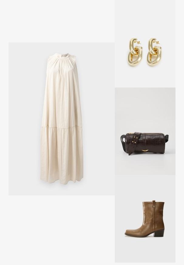 Langärmliges, ärmelloses Kleid in hellem Beige, mit hohem Kragen, gerafftem Oberteil und gestuftem Rock aus weichem, glattem Stoff.; Braune Leder-Ankle-Boots mit quadratischer Zehenform, strukturiertem Finish und niedrigem, gestapeltem Absatz. Ausgestattet mit einer Zuglasche auf der Rückseite und dezenten Stickdetails.; Braune, krokodilgeprägte Lederhandtasche mit zylindrischer Form, goldfarbener Hardware und einem abnehmbaren Tragegurt mit Nieten.; Rabanne XL LINK  DOUBLE HOOP EARRINGS - Ohrringe - gold-coloured