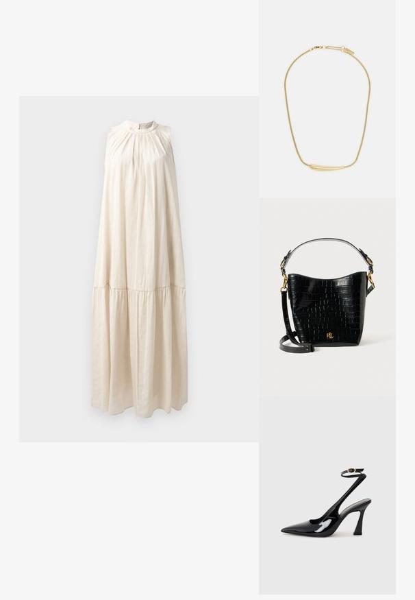 Długa, bezrękawna sukienka w jasnym beżu, z wysokim dekoltem, marszczonym ciałem i warstwową spódnicą o miękkiej, gładkiej fakturze materiału.; Czarne lakierowane szpilki slingback na wysokim obcasie z wydłużonym noskiem, regulowanym paskiem na kostce i umiarkowanym obcasem w kształcie bloku. Gładka struktura z błyszczącym wykończeniem.; Czarna torba ze skóry z tłoczeniem w krokodylą skórę o zaokrąglonym kształcie, z akcentami ze złotego metalu, regulowanym paskiem oraz detalem logo z przodu.; Czarna torba ze skóry z tłoczeniem w krokodylą skórę o zaokrąglonym kształcie, z akcentami ze złotego metalu, regulowanym paskiem oraz detalem logo z przodu.; Złocony naszyjnik z gładkim, zakrzywionym centralnym akcentem. Posiada elastyczny łańcuszek z zapięciem typu homar oraz dodatkowymi regulowanymi ogniwami łańcucha.