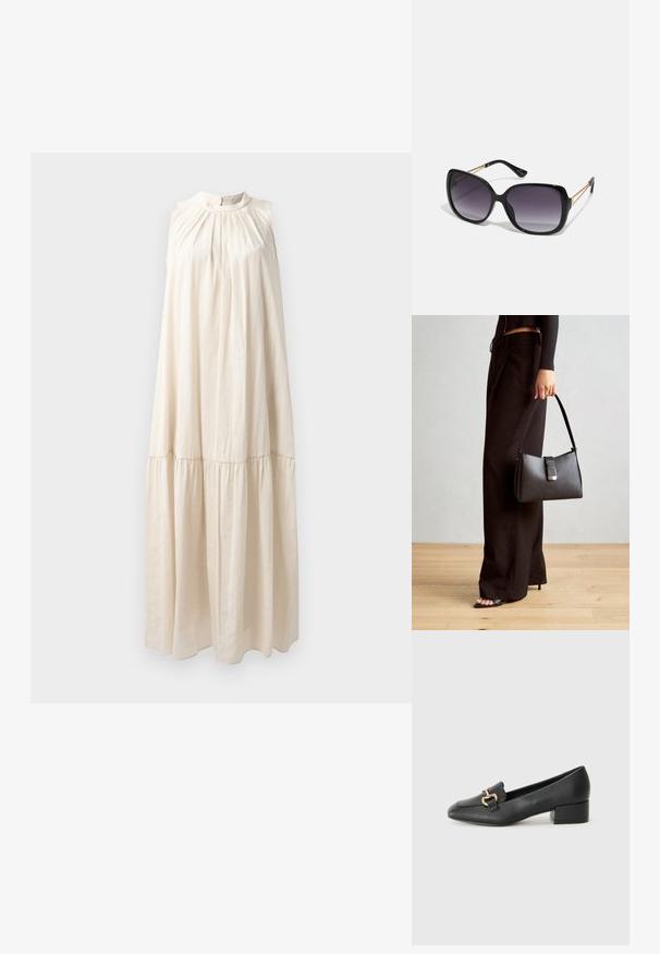 Długa, bezrękawna sukienka w jasnym beżu, z wysokim dekoltem, marszczonym ciałem i warstwową spódnicą o miękkiej, gładkiej fakturze materiału.; Czarne skórzane loafersy z płaskim obcasem, z ozdobnym złotym detalem z przodu i gładką fakturą.; Czarne oversize okulary przeciwsłoneczne z gradientowymi soczewkami, grubymi oprawkami i złotym łańcuszkiem na ramionach.; Czarna torebka o usztywnionym kształcie, gładkiej fakturze i metalowym zapięciem. Połączona z szerokimi czarnymi spodniami i sandałami na otwartym palcu na drewnianej podłodze.