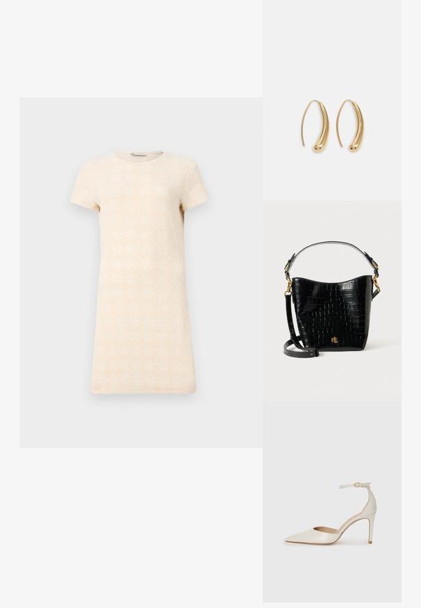 Kratka haljina s kratkim rukavima u svijetloj bež boji, koja sadrži teksturirani uzorak dijamantskih oblika. Jednostavnog, ravnog kroja s okruglim izrezom.; Bijela kožna visoko potpetica s oštrim vrhom, remenom oko članaka i tankom stiletto potpeticom. Glatka tekstura s blagim sjajnim završetkom.; Crna torba od kože s uzorkom krokodila, zakrivljenog oblika, s zlatnim metalnim detaljima, podesivim remenom i logotipom sprijeda.; Zlatne metalne naušnice u obliku obruča s zakrivljenim, izduženim oblikom. Imaju glatku, sjajnu površinu i zaobljeni vrh za dodatni detalj.