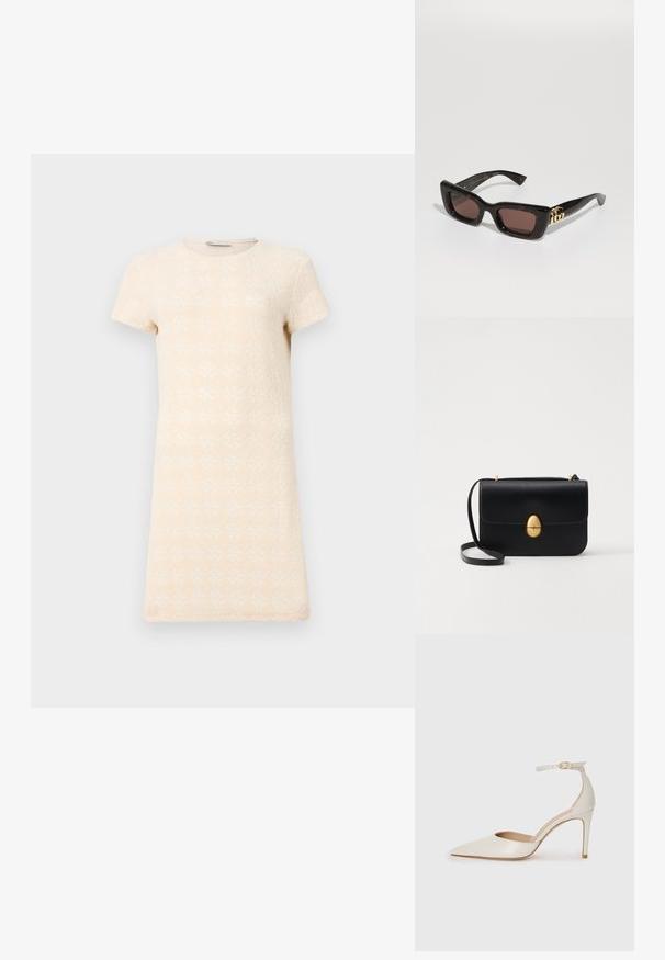Rövid ujjú ruha világos bézs színben, gyémánt alakú textúrált mintázattal. Egyszerű, egyenes szabású, kerek nyakkivágással.; Fehér bőr, magassarkú cipő hegyes orral, bokapánttal és vékony tűs sarkal. Simaszövet, finom fényes felülettel.; Fekete teknőctoll mintás napszemüveg téglalap alakú lencsékkel, barna színű árnyékolással, vastag kerettel és arany kettős G logó díszítéssel a szárakon.; Fekete bőr kézitáska, struktúrált, téglalap alakú formával. Arany ovális kapoccsal és vékony vállpánttal rendelkezik. Sima textúrájú.