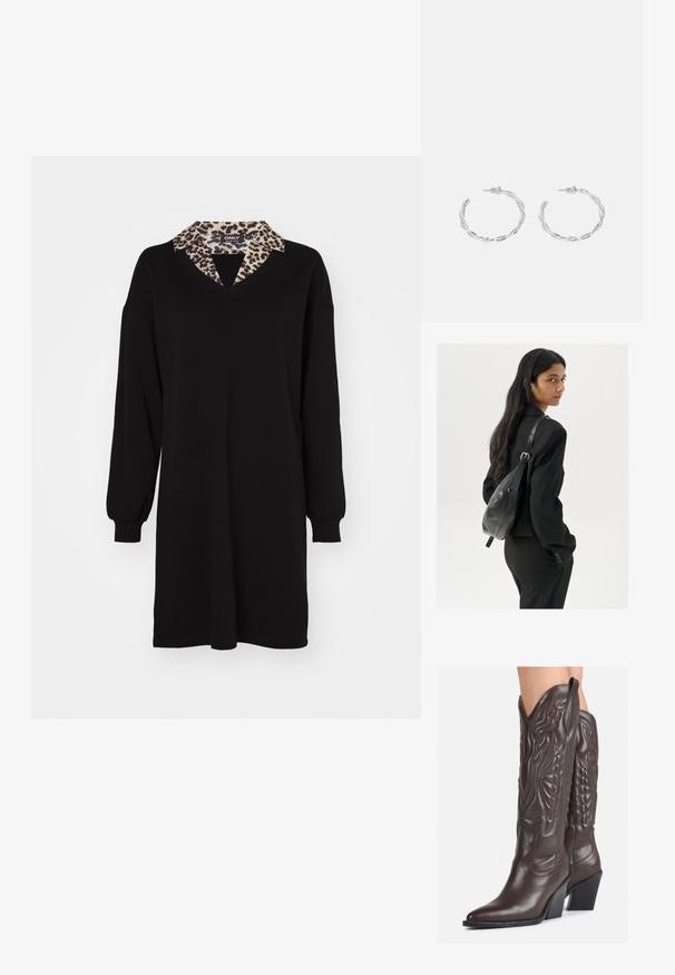 Črna obleka z dolgimi rokavi, V-izrezom in ovratnikom s tigrovim vzorcem. Mehka tkanina, sproščen kroj in zasnova do kolen.; Rjave usnjene kavbojske čevlje z ostrim nosom in blok peto, ki vsebujejo podrobno šivanje in dvignjene dodatke na zgornjem delu.; Ženska z dolgimi temnimi lasmi, oblečena v črn kostim, nosi črno usnjeno torbo čez ramo in se ozira čez ramo proti beli podlagi.; Srebrni uhani v obliki obročka s spiralnim dizajnom, ki imajo sijajno površino in zapiralo na zadnji strani. Mere znašajo približno 3 cm v premeru.