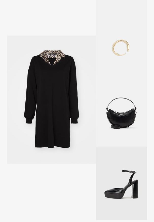 Mustmustäielik kleit, millel on pikad varrukad, V-kaelus ja leopardimustriline krae. Pehme kangas, mugav lõige ja põlvekõrgune disain.; Mustad platvormi kontsad terava ninaga ja reguleeritava pahkluuraamiga. Valmistatud siledast nahast, funktsioneerib massiivse plokknäheeliga.; Must have musta nahk-efektega käekott, millel on kumer kuju, eemaldatav õlapael ja ees särav metalliline detail.; Kuldtoonis sõrmus, millel on orgaaniline, keerdunud disain sileda tekstuuri ja kitsenevate otstega, luues kaasaegse skulptuurilise välimuse.