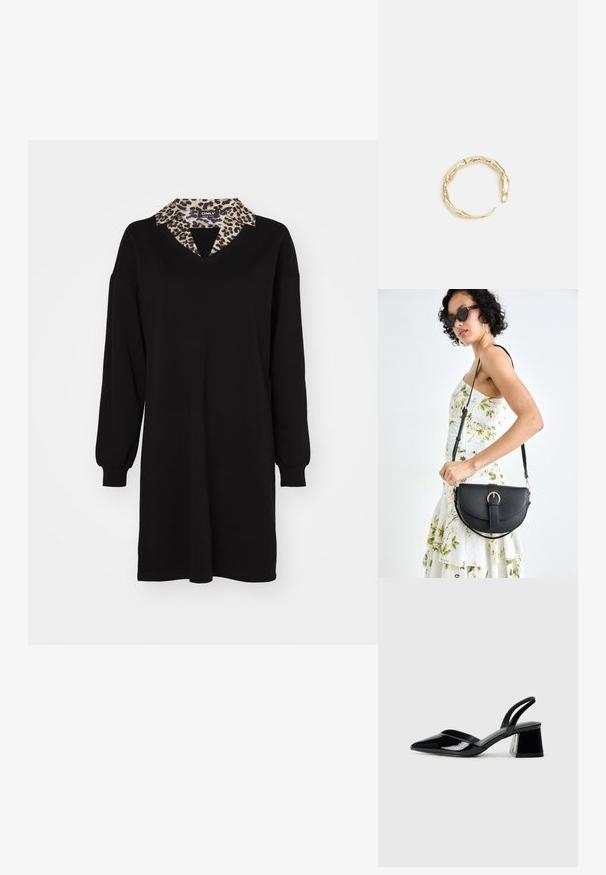 Čierne šaty s dlhými rukávmi, výstrihom do V a golierom so vzorom leva. Mäkko zložená látka, voľný strih a dĺžka po kolená.; Čierne lakované kožené sandálové podpätky s špicatou špičkou a geometrickým blokovým podpätkom. Disponujú elegantným, minimalistickým dizajnom a hladkým povrchom.; Čierna kožená kabelka s zaobleným tvarom, odnímateľným popruhom a zlatými doplnkami. Kabelka má klopu s detailom s prackou.; Prsteň v zlatej farbe s organickým, skrúteným dizajnom, hladkým povrchom a zužujúcimi sa koncami, vytvárajúci moderný, sochársky vzhľad.