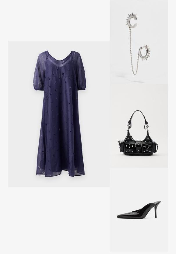 Rochie bleumarin până la genunchi, realizată dintr-o țesătură transparentă, cu o croială lejeră, având mâneci bufante și broderie florală pe toată suprafața.; Mule-uri cu toc înalt din piele lacuită neagră, cu vârful ascuțit și o siluetă elegantă, având un spate deschis și un toc subțire stilletto.; Geantă de piele neagră cu un design curbat, dotată cu studuri argintii, o cataramă și două buzunare laterale. Curea ajustabilă pentru opțiuni de transport.; Cercei argintii cu un design ascuțit; un cercei are forma literei C, conectat printr-un lanț la un cerc rotund cu vârfuri.