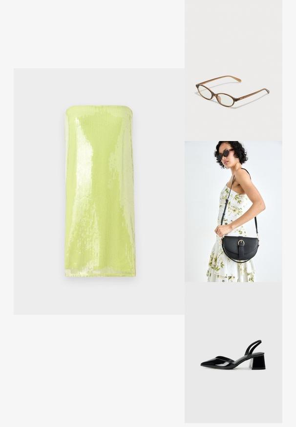 Fényes, lime zöld pánt nélküli felső, melyet flitterek borítanak. Simaság jellemzi, testhezálló, csőformájú dizájnnal és egyenes nyakkivágással.; Fekete lakk bőr szandálkés magas sarkú cipő, hegyes orral és geometrikus tömbsarkakkal. Karcsú, minimalista dizájn és sima textúra jellemzi.; Barna teknős páncélmintás szemüveg, ovális lencsékkel, vékony szárakkal és átlátszó részletekkel. A templomon diszkrét logó található. Elegáns, könnyű dizájn.; Fekete bőrtáska ívelt formával, levehető pánttal és arany színű fémrészekkel. A táskán egy csattal díszített fedél található.
