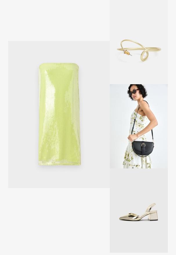 Błyszczący, limonkowy top bez ramiączek pokryty cekinami. Gładka tekstura z dopasowanym, tubowym krojem i prostym dekoltem.; Złote, metaliczne szpilki z boku z wydłużonym noskiem i grubym obcasem. Gładka faktura, minimalistyczny design i wąski pasek.; Czarna skórzana torebka o zakrzywionym kształcie, z odpinanym paskiem i złotymi akcentami. Torebka posiada klapę z zapięciem w kształcie klamry.; Złota metalowa bransoletka o płynnej, zakrzywionej formie. Ma mały, wyraźny, srebrny akcent na jednym końcu.