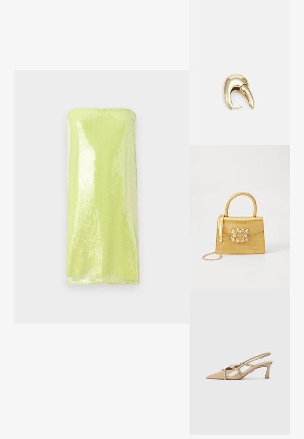 Błyszczący, limonkowy top bez ramiączek pokryty cekinami. Gładka tekstura z dopasowanym, tubowym krojem i prostym dekoltem.; Beżowe lakierowane buty na obcasie typu slingback z szpiczastym noskiem, regulowanymi paskami i 6 cm słupkowym obcasem. Zawierają ozdobne srebrne akcenty.; Żółta torebka z faux-krokodylka o wyrafinowanej konstrukcji, z górnym uchwytem, odpinanym łańcuszkiem oraz dekoracyjnym kryształowym zdobieniem na zapięciu.; Złote metalowe kolczyki o eleganckim, zakrzywionym kształcie. Posiadają charakterystyczny szpiczasty kształt, polerowaną powierzchnię oraz zapięcie na zawias.