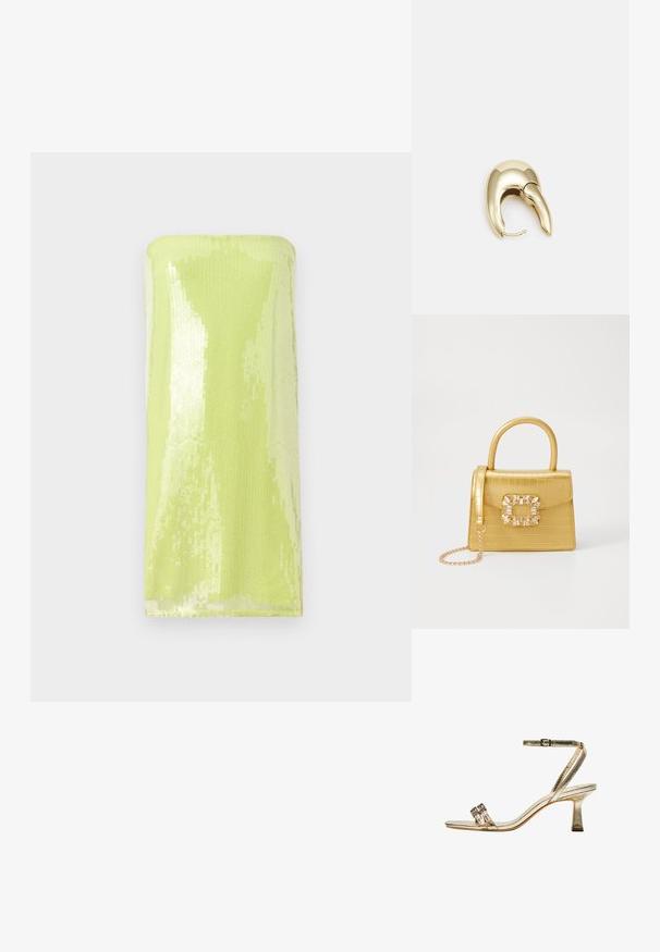 Lesklý, limetkovozelený top bez ramienok pokrytý flitrami. Hladká textúra s priliehavým, trubkovým dizajnom a rovnými výstrihom.; Zlaté kovové sandále na vysokom podpätku s popruhom okolo členka, dvoma úzkymi prednými pásmi a blokovým podpätkom. Obsahuje dekoračné ozdoby.; Žltá falošná krokodília kabelka so štruktúrovaným dizajnom, horným držadlom, odnímateľným reťazovým popruhom a dekoratívnym kryštálovým ozdobením na zapínaní.; Náušnice z kovu v zlatej farbe s elegantným, zakriveným dizajnom. Majú charakteristický špicatý tvar, leštený povrch a uzáver na pánt.